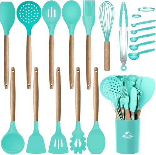 Miniatura 11 de MIBOTE Juego de utensilios de cocina de silicona, resistente a 230 °C, pinzas para voltear, espátula, cuchara, batidor, mango de madera, juego