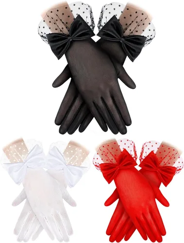 Geyoga 3 pares de guantes de encaje con lazo de leopardo para mujeres y niñas, elegantes guantes cortos de seda, guantes de fiesta de té para cenas