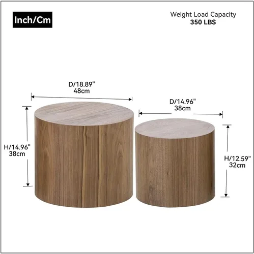 Miniatura 2 de Juego de 2 mesas auxiliares redondas, mesa auxiliar anidable y mesa auxiliar de madera con tambor circular pequeño para sala de estar, oficina, sin