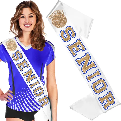 Senior - Banda de voleibol azul – Gold Sparkle Voleibol azul real contorno blanco banda de satén de grado premium – Suministros de Rally de Pep –