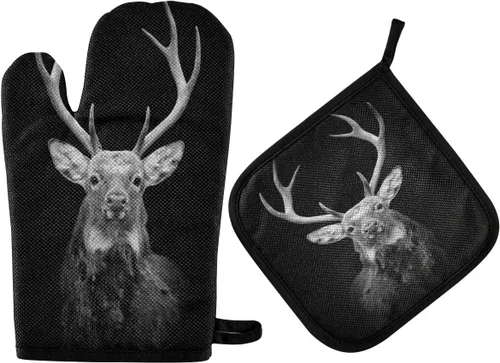 Guantes de horno y soportes para ollas de ciervos sobre fondo oscuro, guantes de horno y soportes para ollas resistentes al calor, antideslizantes,