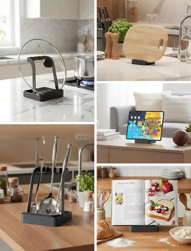 Miniatura 6 de NiHome Soporte para tapa de olla grande y soporte para cuchara con bandeja de goteo extraíble, organizador de encimera de cocina de hierro negro