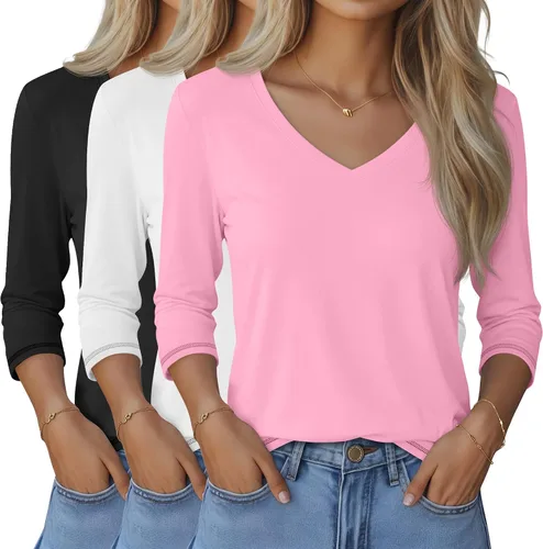 Miniatura 18 de Ficerd Paquete de 3 camisetas de manga 3/4 para mujer, cuello en V, blusas holgadas, blusas casuales, ropa de moda 2026