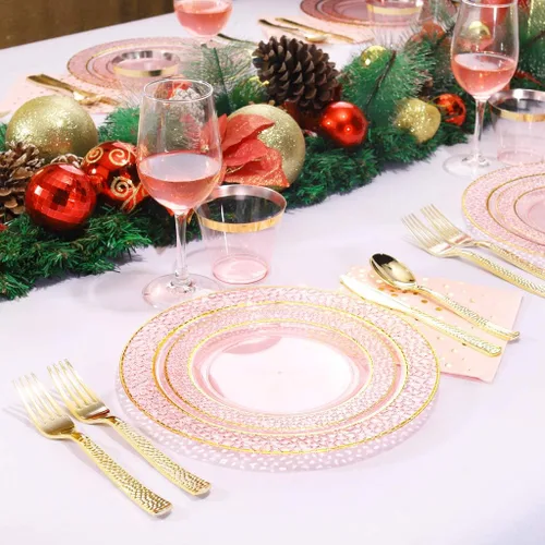 Miniatura 4 de Nervure 175 piezas de platos de plástico rosa y dorados - Platos desechables rosas: 25 platos de cena, 25 platos de postre, 25 tenedores, 25