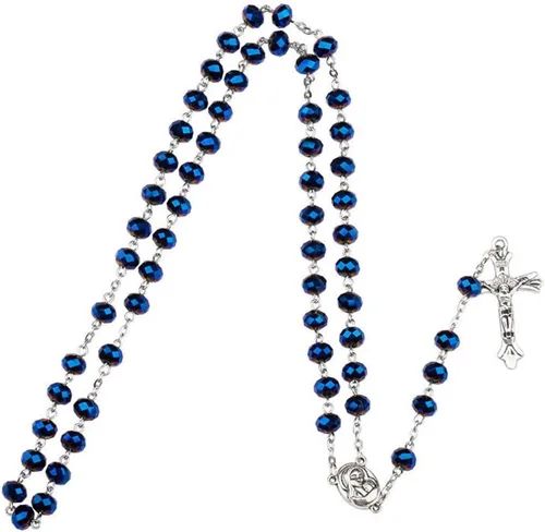 Miniatura 3 de Collar católico de rosario de cuentas de cristal azul profundo, oración católica Jerusalén Medalla del suelo sagrado cruz tierra santa antigua
