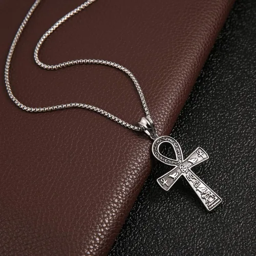 Miniatura 4 de HZMAN Colgante de cruz de Ankh grande de acero inoxidable símbolo jeroglífico egipcio antiguo de 222 pulgadas cadena Metal
