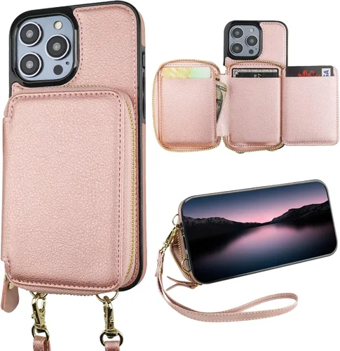 Bocasal Funda tipo cartera con bloqueo RFID para iPhone 14 Pro, funda cruzada ajustable con cremallera, tarjetero con función atril y correa de Oro