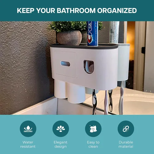 Miniatura 3 de Soporte para cepillo de dientes para baño, 2 tazas, montado en la pared con dispensador automático de pasta de dientes, bandeja de gran capacidad