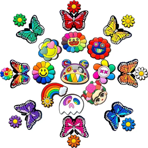 Dijes para zapatos con diseño de mariposa, sonrisa, arcoíris, sol, flor, 25 unidades, lindos y coloridos accesorios para zapatos, decoración de