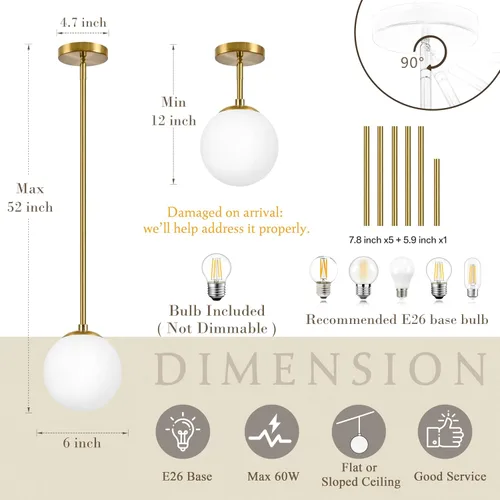 Miniatura 4 de Bagood Paquete de 2 lámparas colgantes de globo de 6 pulgadas, color dorado, luces colgantes de globo de mediados de siglo, luces colgantes de globo