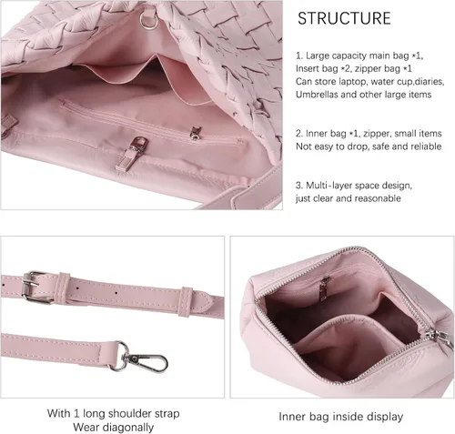 Miniatura 6 de Bolso tejido para mujer, bolso de mano de cuero vegano, bolso de mano retro, hecho a mano, grandes bolsas de hombro de playa de verano