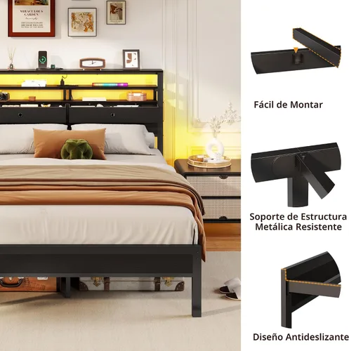 Miniatura 6 de Furnulem Base de cama tamaño completo con cabecero y 2 cajones de tela, cama de plataforma completa con luces LED, estación de carga integrada