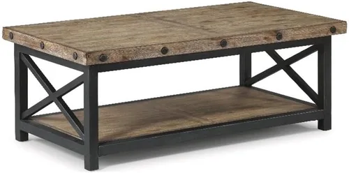 Flexsteel Mesa de centro rectangular marrón claro con marco de metal y cabezales de pernos expuestos