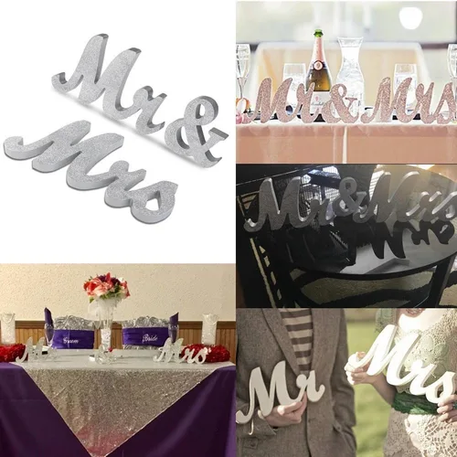 Miniatura 6 de Mrs & Mr Sign - Decoración de mesa de amor, letras para accesorios de fotos de boda, pancarta de fiesta, purpurina plateada Escarcha plateada