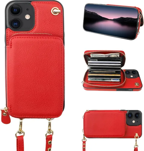 Miniatura 9 de Bocasal Funda tipo cartera cruzada para iPhone 12/12 Pro, funda de piel con bloqueo RFID y soporte para tarjetas, funda protectora con cremallera