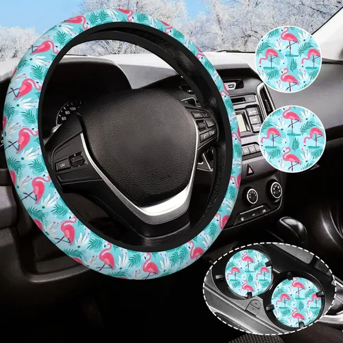 Miniatura 9 de Funda para volante de camuflaje verde para mujeres y hombres con 2 posavasos de automóvil, fundas universales de 14.5 a 15 pulgadas, accesorios