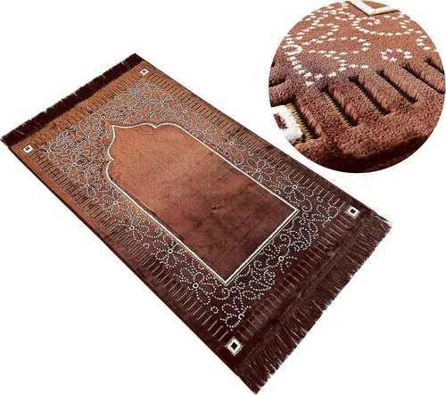 Mihrab - Tapete de oración de terciopelo de lujo con estampado, 26.46 oz, peso | Fabricado en Turquía (café)