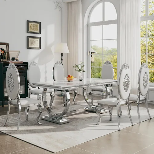 Miniatura 21 de Juego de mesa de comedor de 7 piezas, mesa de cocina de lujo de mármol sintético blanco de 70 pulgadas y 6 sillas copetudas de terciopelo beige