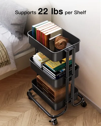 Miniatura 3 de Pipishell Carrito utilitario de metal de 3 niveles, carrito rodante de almacenamiento resistente con 2 ruedas bloqueables, carrito de organización