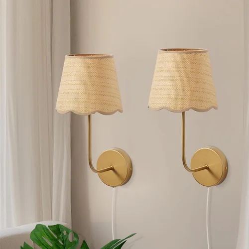 Miniatura 9 de Apliques de Pared Boho de Ratán, Juego de 2 Lámparas de Pared Tejidas a Mano con Enchufe, Acabado en Latón Antiguo con Pintura Cepillo y Sombra