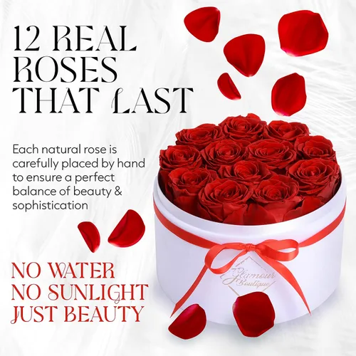 Miniatura 4 de GLAMOUR BOUTIQUE Flowers Forever - Caja de regalo, 12 rosas preservadas reales en caja blanca de terciopelo, regalo floral para esposa, mamá o ella