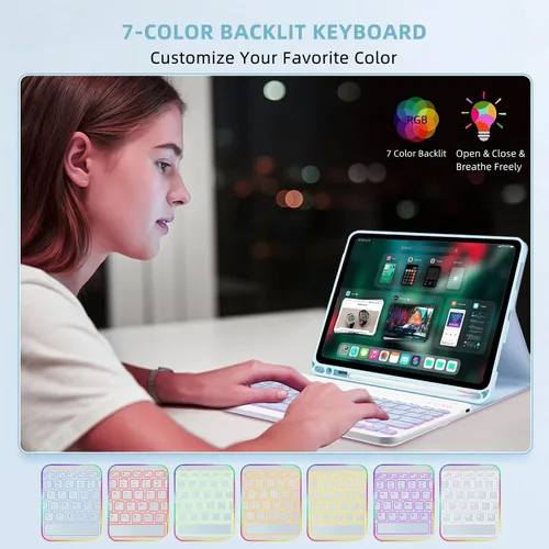 Miniatura 5 de Funda con teclado Bxomteng para Samsung Galaxy Tab A9+ / A9 Plus de 11 pulgadas - Funda con teclado retroiluminado de 7 colores y ratón (Negro)