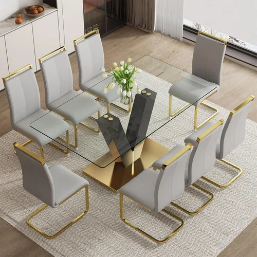 Miniatura 33 de Juego de mesa de comedor de vidrio de 71 pulgadas para 6, juego de mesa de comedor para 6, mesa de cocina moderna y 6 sillas de PU, parte superior 6