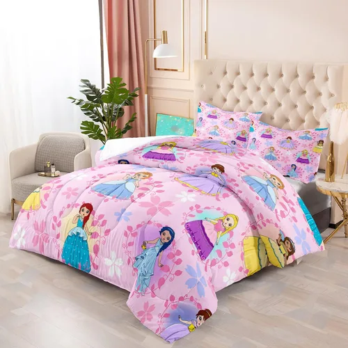 Miniatura 2 de Juego de edredón de princesa tamaño matrimonial para decoración de dormitorio de niñas, juego de edredón rosa con 2 fundas de almohada, bonito juego