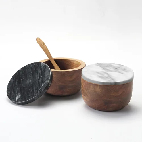 Miniatura 7 de jalz jalz Salero Grande de Madera de Acacia con Tapa de Mármol - Caja de Sal Pesada de 10oz con Cuchara - Contenedor de Especias de Madera Maciza