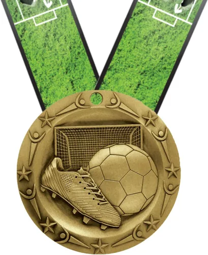 Decade Awards Medalla de fútbol de clase mundial grabada, oro, plata o bronce, medallón de fútbol de 3 pulgadas de ancho con cinta de cuello en V