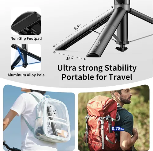 Miniatura 7 de Trípode automático de teléfono de 67 pulgadas, palo selfie de apertura automática para iPhone con control remoto, soporte extensible giratorio