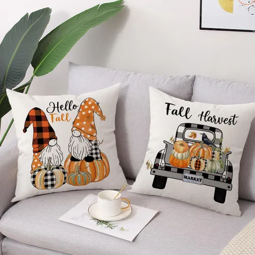 Miniatura 3 de Fundas de Almohada Decorativas de Otoño 18x18 Pulgadas Juego de 4 para Decoración de Otoño Calabaza Gris Camión Feliz Cosecha Granja Decorativas
