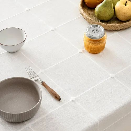 Miniatura 3 de ZeeMart - Mantel de mesa con diseño de cuadrícula boho y borlas (blanco roto, 132 cm x 132 cm), mantel de gran peso de lino a cuadros bordado