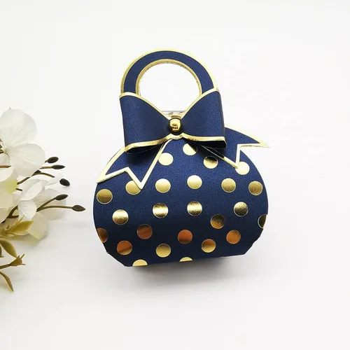 Miniatura 6 de 50 bolsas de mano con lazo rojo y dorado con lunares de papel de aluminio dorado, cajas de dulces con lazo con asa para boda, cumpleaños, despedida
