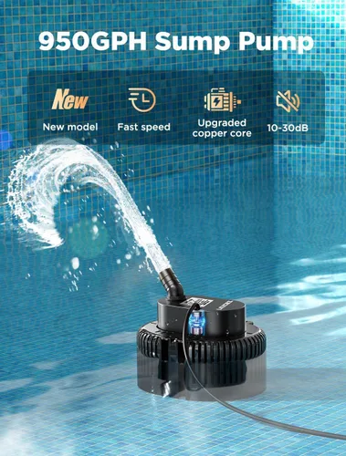 Miniatura 2 de Bomba de sumidero, bomba de agua sumergible ultra silenciosa de 950 GPH, bomba de cubierta de piscina, bomba de sumidero para drenaje de piscina