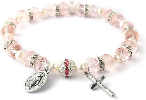 Miniatura 2 de HanlinCC Pulsera elástica con cuentas para mujer con crucifijo y medalla milagrosa