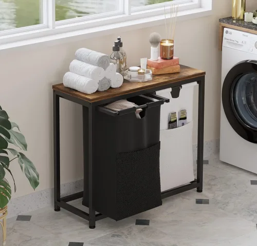 Miniatura 2 de LIVEHOM Cesta de Lavandería Doble Canasta de Ropa Sucia con Bolsas Removibles, Asas de Tela, Estante Superior Grande y Bolsa de Lavandería