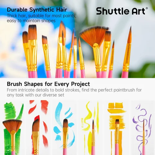 Miniatura 4 de Shuttle Art Juego de 12 pinceles de pintura con estuche, formas y tamaños surtidos para acrílico, acuarela, óleo y gouache, pinceles de artista Rosa