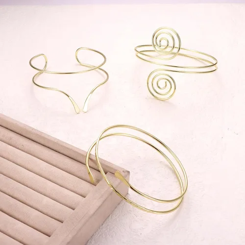 Miniatura 7 de FINREZIO 3 piezas de brazalete de brazo superior abierto brazaletes de brazalete simple espiral espiral brazalete conjunto de joyería Dia.3" Tono