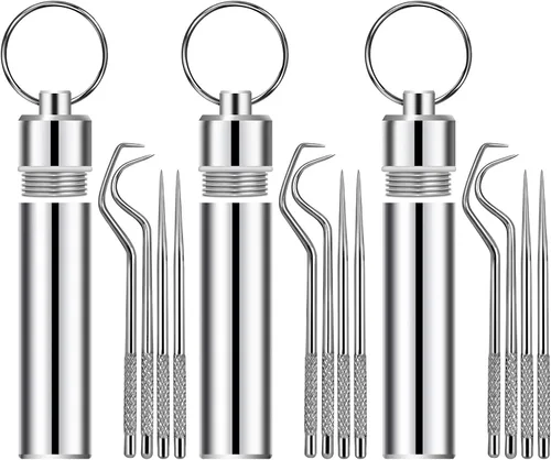 Juego de 12 palillos de dientes de metal reutilizables de acero inoxidable con soporte para picnic al aire libre, camping, viajes, suministros