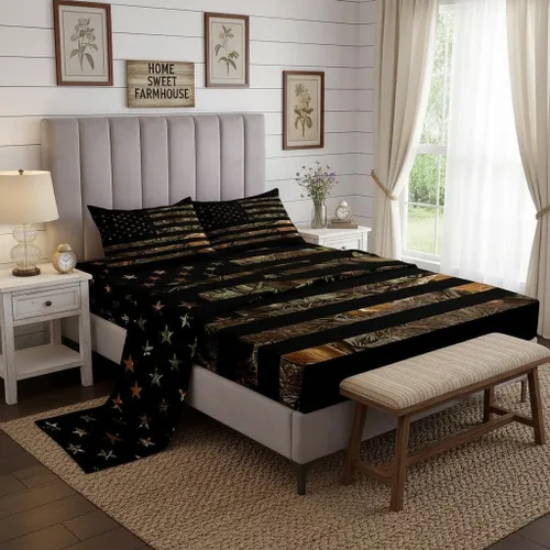Miniatura 2 de Juego de ropa de cama de camuflaje con bandera estadounidense, tamaño Queen, sábanas de caza militar, hojas de árbol rústico, juego de sábanas