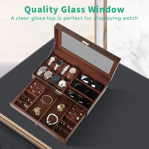 Miniatura 5 de TomCare Caja de reloj de 2 niveles para reloj, caja organizadora de joyas con tapa de vidrio gruesa, organizador de relojes, soporte para exhibición