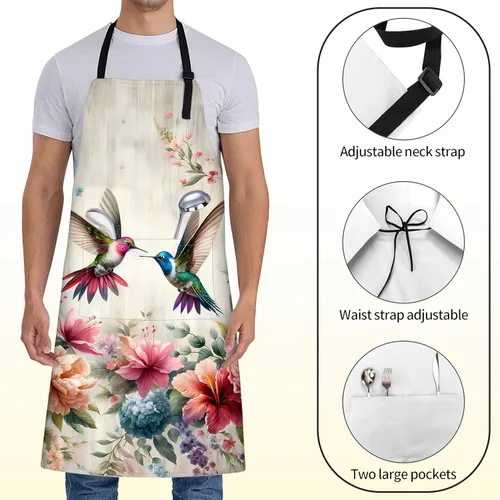 Miniatura 2 de Delantal de pájaro para mujer con colibrí, 28 x 33 pulgadas, delantales de cocina de jardín floral con 2 bolsillos, tela Oxford, hermoso delantal
