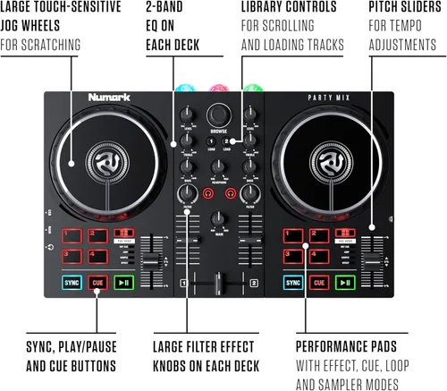 Miniatura 4 de Numark Party Mix II Controlador DJ con luces, 2 cubiertas, mezclador, interfaz de audio y Serato Lite