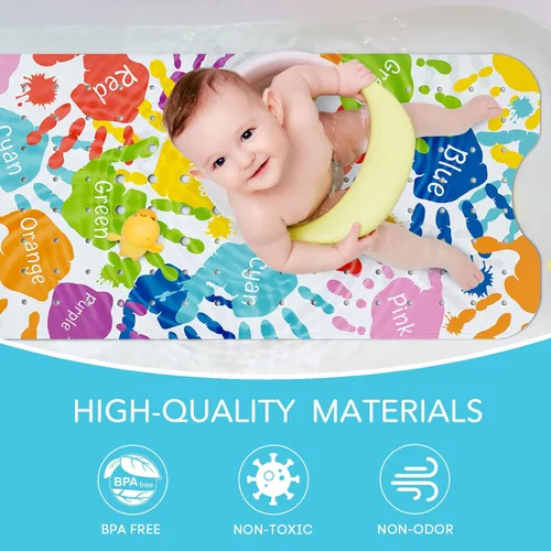 Miniatura 4 de SHUCHING Alfombra de baño para bebé con huellas de manos para bañera antideslizante de 40 x 16 pulgadas, tapete de baño para niños pequeños, tapete