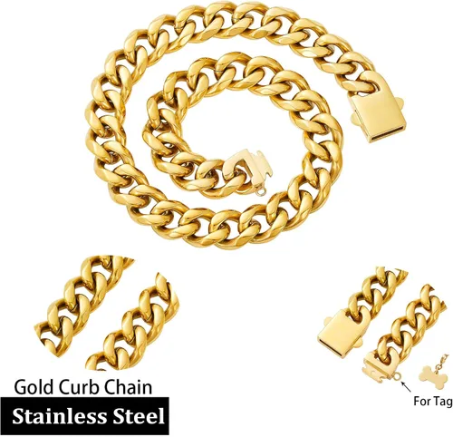 Miniatura 7 de SUNEW Collar para caminar con diseño de placa de identificación de perro con hebilla segura, collar de cadena de eslabones cubanos resistente a