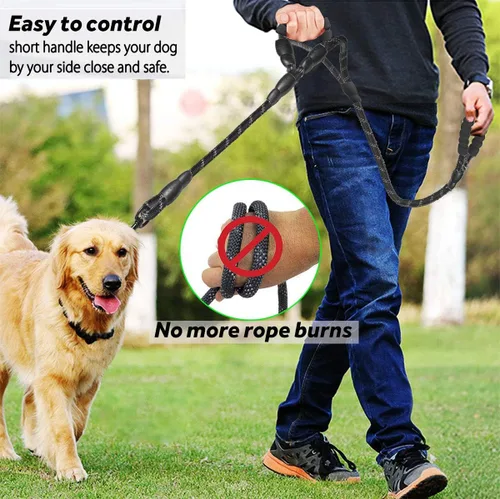 Miniatura 3 de JSXD Correa resistente de doble asa para perro, 5 pies, acolchada y reflectante, cuerda para perros pequeños a grandes (negro)