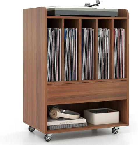 Miniatura 10 de LOKO Soporte para tocadiscos sobre ruedas, soporte giratorio con 5 compartimentos, cajón y estante abierto, estante de exhibición de vinilo