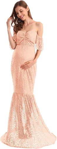 AYMENII Vestido de maternidad de encaje de sirena con hombros descubiertos con volantes de manga de fotoshoot de boda de noche vestido de ducha de