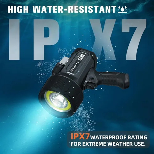 Miniatura 4 de FORTO Foco recargable de 10,000 lúmenes, linterna impermeable IPX7 ultra brillante, foco de barco con estuche de transporte EVA, 7 modos de luz